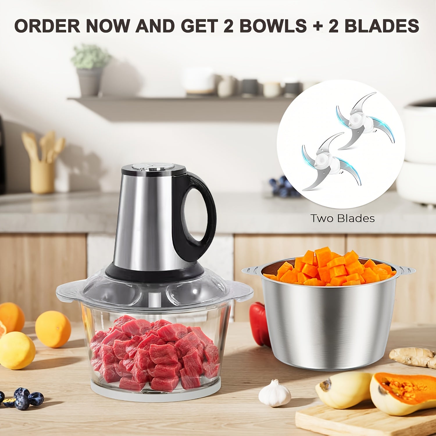 SENMEO 3-Speed Electric Meat Grinder & Food Processor with Dual Bowls & Blades - 101.45oz Stainless Steel, 110V, US Plug, Multifunctional Kitchen Tool for Chopping Veggies, Nuts, Onions, Grinding Meat, Salads, Garlic Press, Mashing & Dough, Meat Grinder