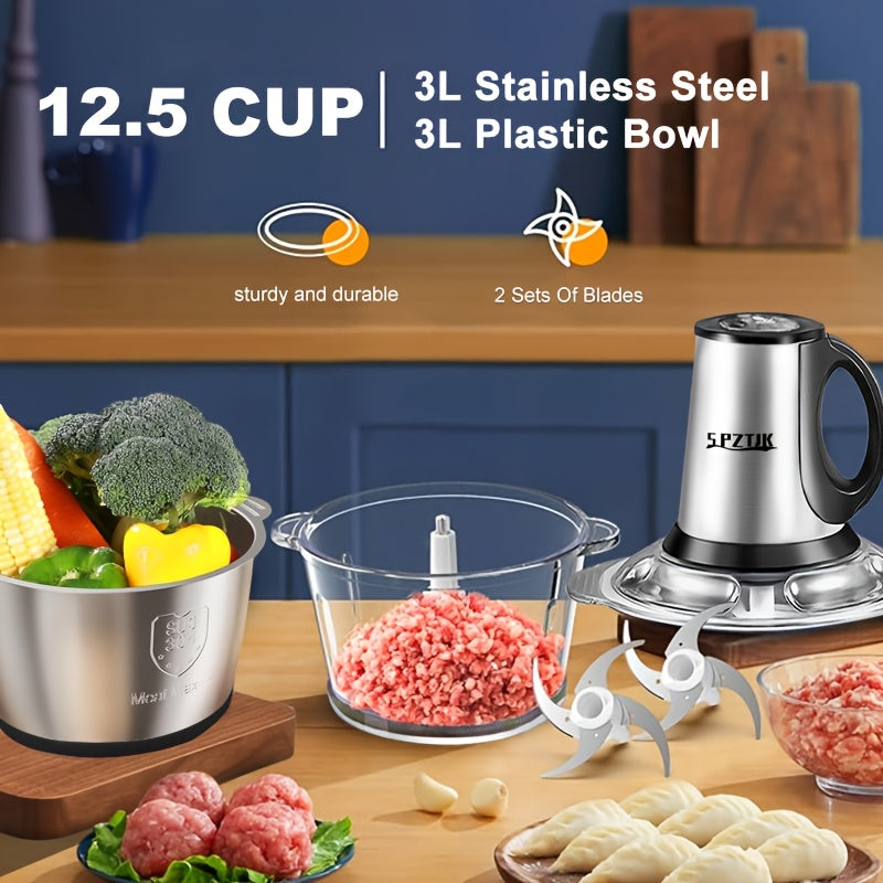 Electric Food Processor with 2 Bowls (12.5 Cup + 12.5 Cup) and 2 Blades - 101.44oz Meat Grinder, Kitchen Chopper, Electric Vegetable Cutter, Garlic Press, Masher - Helps Break Various Foods, Meat, Salad, Nuts, Salad, Home Blender