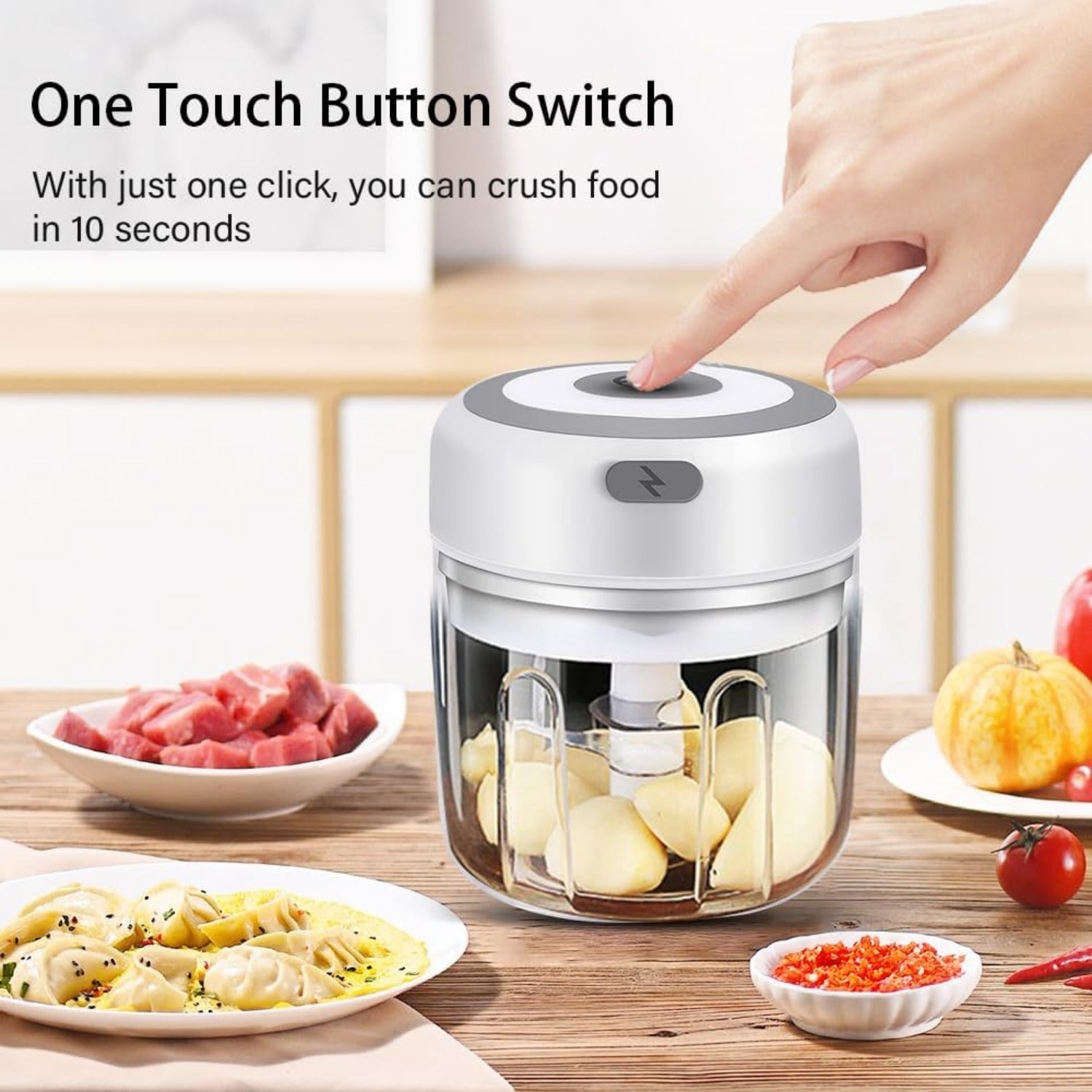 Get Ready to Chop: Electric Food Chopper - Mini Wireless Portable Meat Grinder, USB Charging Garlic Chopper! Easy to Clean, Suitable for Chili Peppers, Onions, Nuts, Etc. (White)Father's Day Gifts, Birthday Gifts, And Gifts for Both Men And Women father