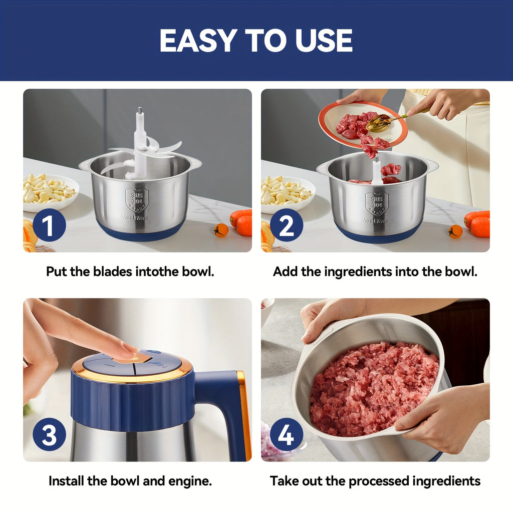 67.63oz/101.44oz/1.32gal 4-Blade/6-Blade Meat Grinder, Commercial Vegetable Chopper, Garlic Masher & Dough Mixing Machine, Electric Cookware, Food Contact Safe, 30000 RPM, US Plug, Stainless Steel Body, Multifunctional Kitchen Appliance, Food Preparation,