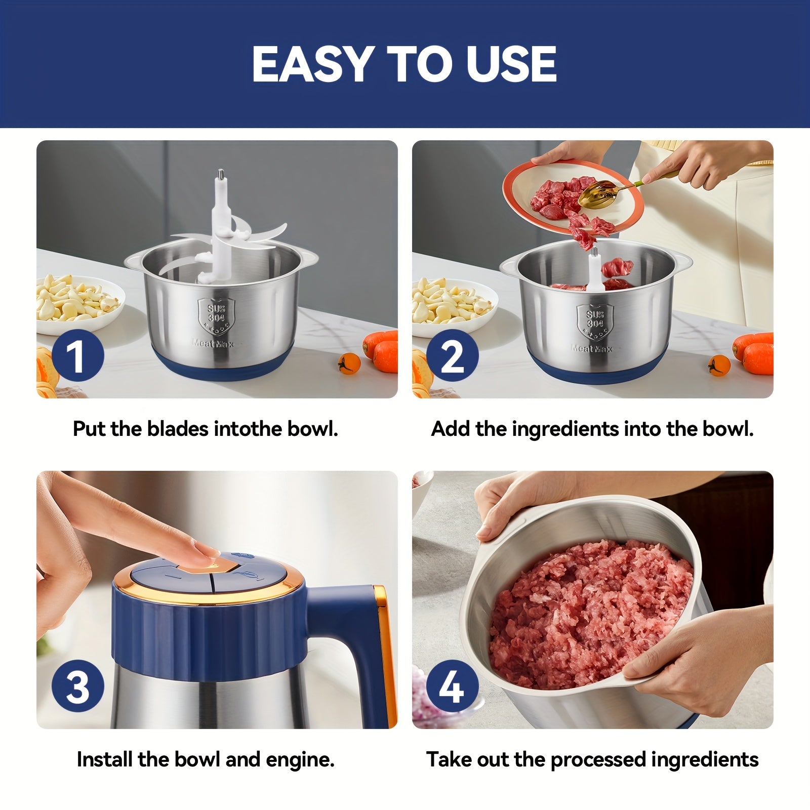 67.63oz/101.44oz/1.32gal 4-Blade/6-Blade Meat Grinder, Commercial Vegetable Chopper, Garlic Masher & Dough Mixing Machine, Electric Cookware, Food Contact Safe, 30000 RPM, US Plug, Stainless Steel Body, Multifunctional Kitchen Appliance, Food Preparation,