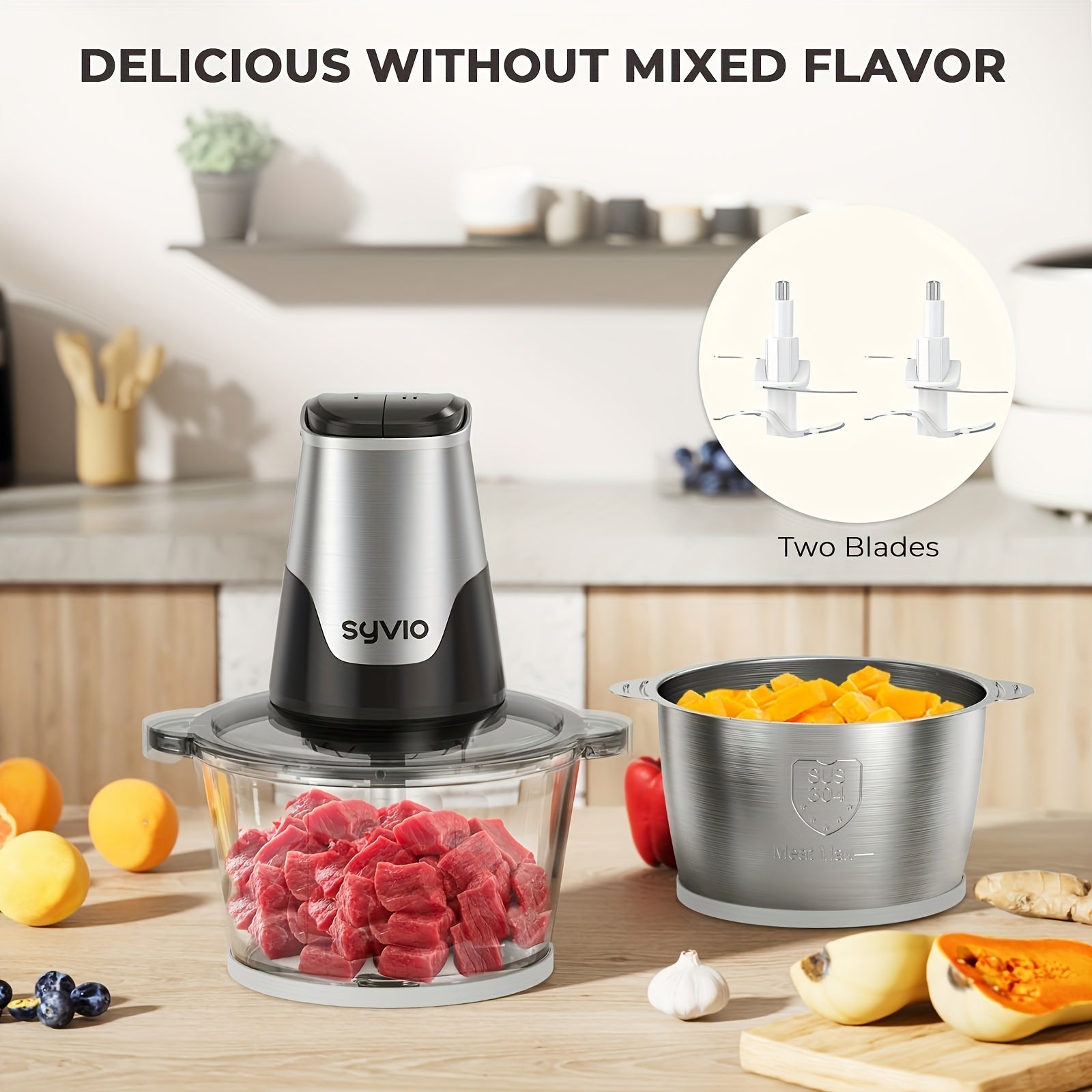 Syvio Food Processors with 2 Bowls, Meat Grinder 4 Bi-Level Blades, Mini Electric Food Chopper 450W, for Baby Food, Meat, Onion, Vegetable Chopper, 2 Speed, 8 Cup And 8 Cup, Christmas Gifts