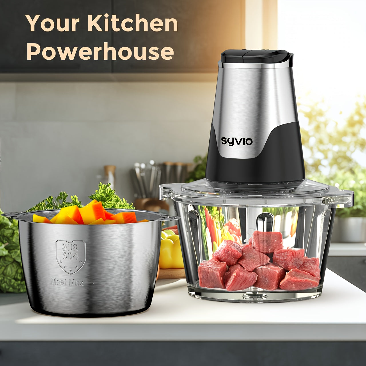 [450W Food Processor] Syvio 450W 2-Speed Food Processor with 2 Bowls & 4 Bi-Level Blades | Mini Electric Chopper for Baby Food, Meat, Onion, Vegetables | Christmas Gifts