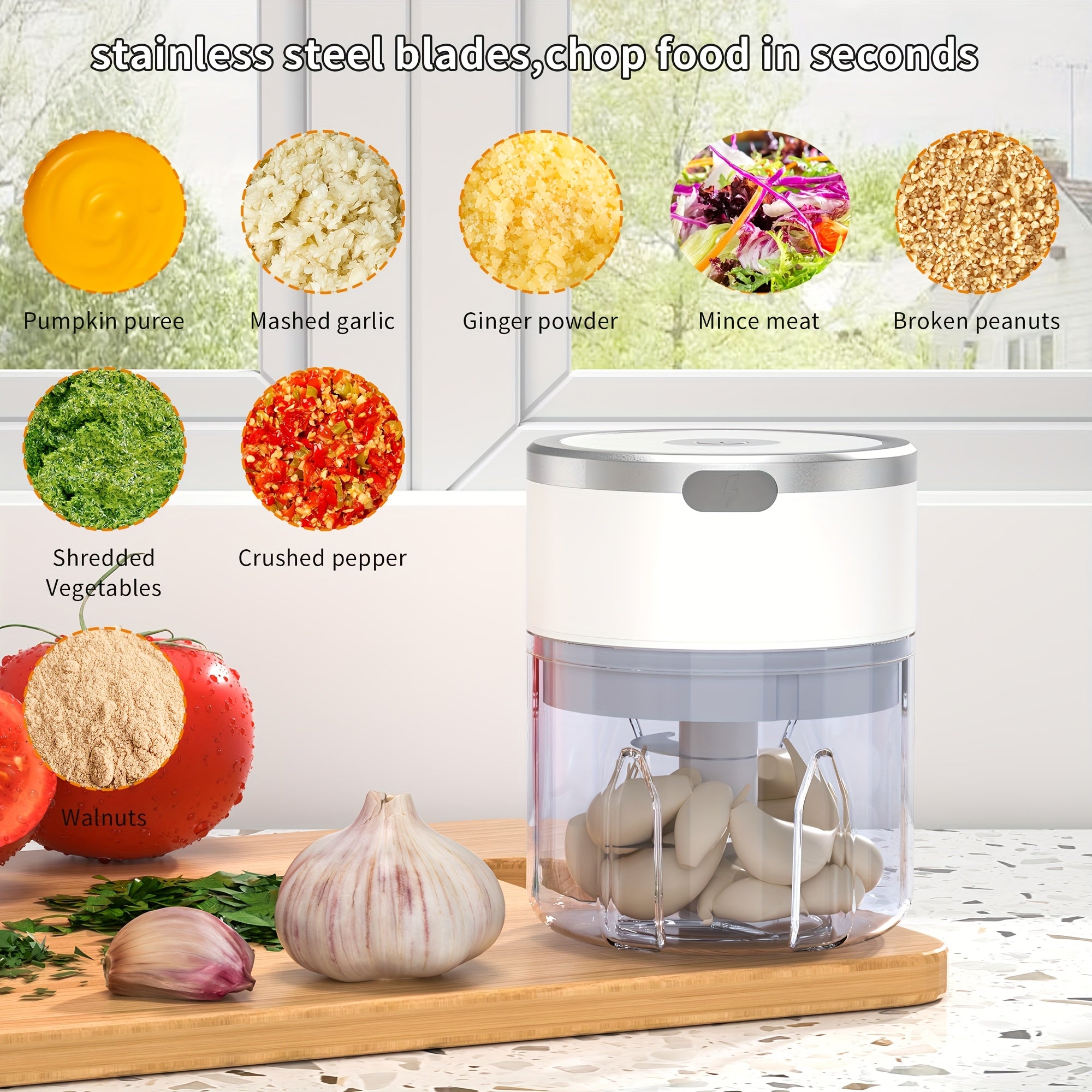 8.45oz Automatic Electric Garlic Masher & Meat Grinder - Multifunctional Kitchen Food Processor with Rechargeable Battery, Portable for Meat Grinding, Stuffing, and More, Food Preparation | Modern Kitchen Gadget | Durable Plastic Body, Garlic Press