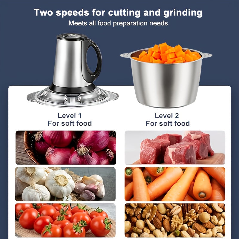 SENMEO 3-Speed Electric Meat Grinder & Food Processor with Dual Bowls & Blades - 101.45oz Stainless Steel, 110V, US Plug, Multifunctional Kitchen Tool for Chopping Veggies, Nuts, Onions, Grinding Meat, Salads, Garlic Press, Mashing & Dough, Meat Grinder
