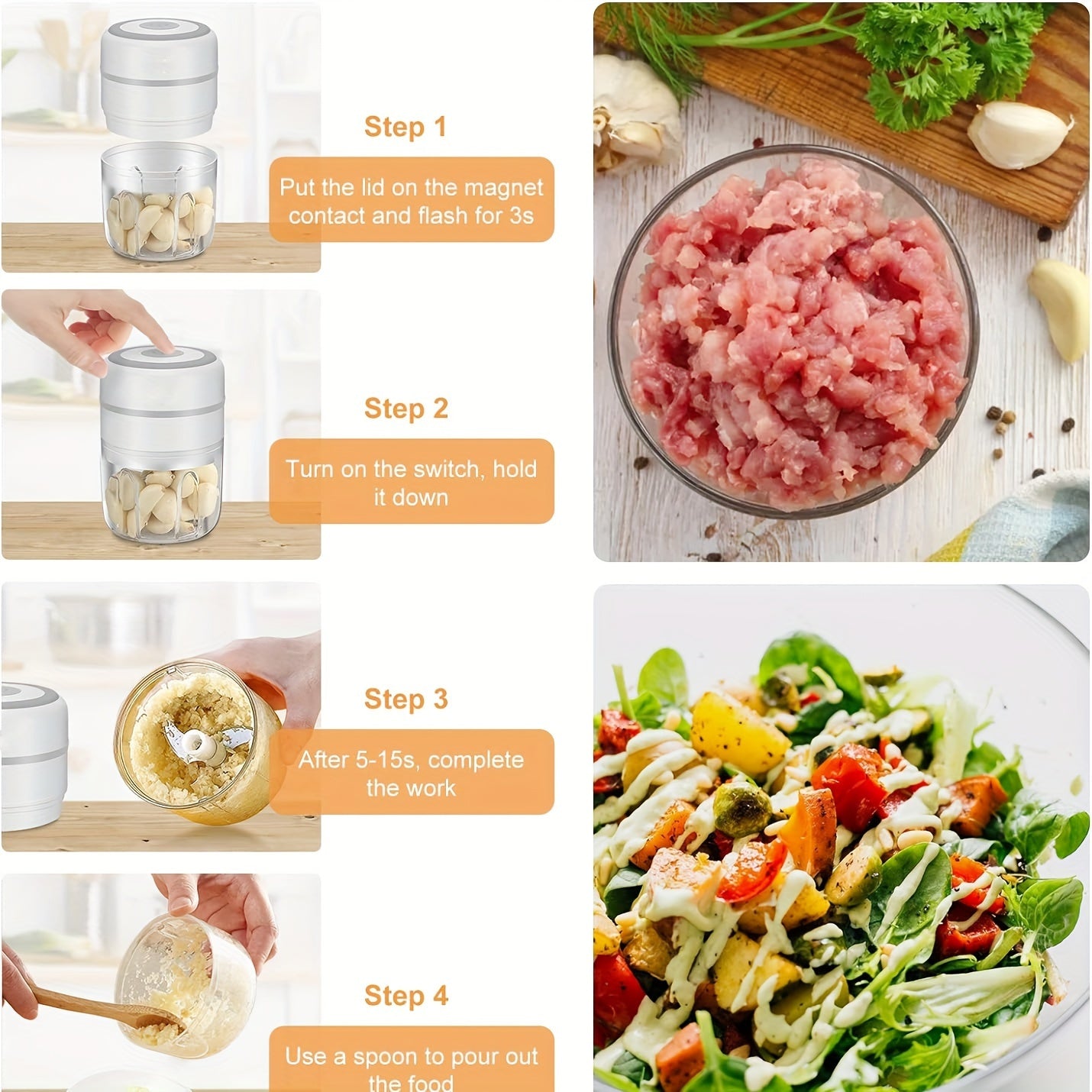 [Portable Mini Food Processor] Compact Portable Electric Mini Food Processor with USB Charging | Powerful Motor, Locking Blade System, Clear Base, Lightweight for Garlic, Meat, Vegetables, Spices - Ideal for Home, Kitchen, Travel, Office - Compatible with