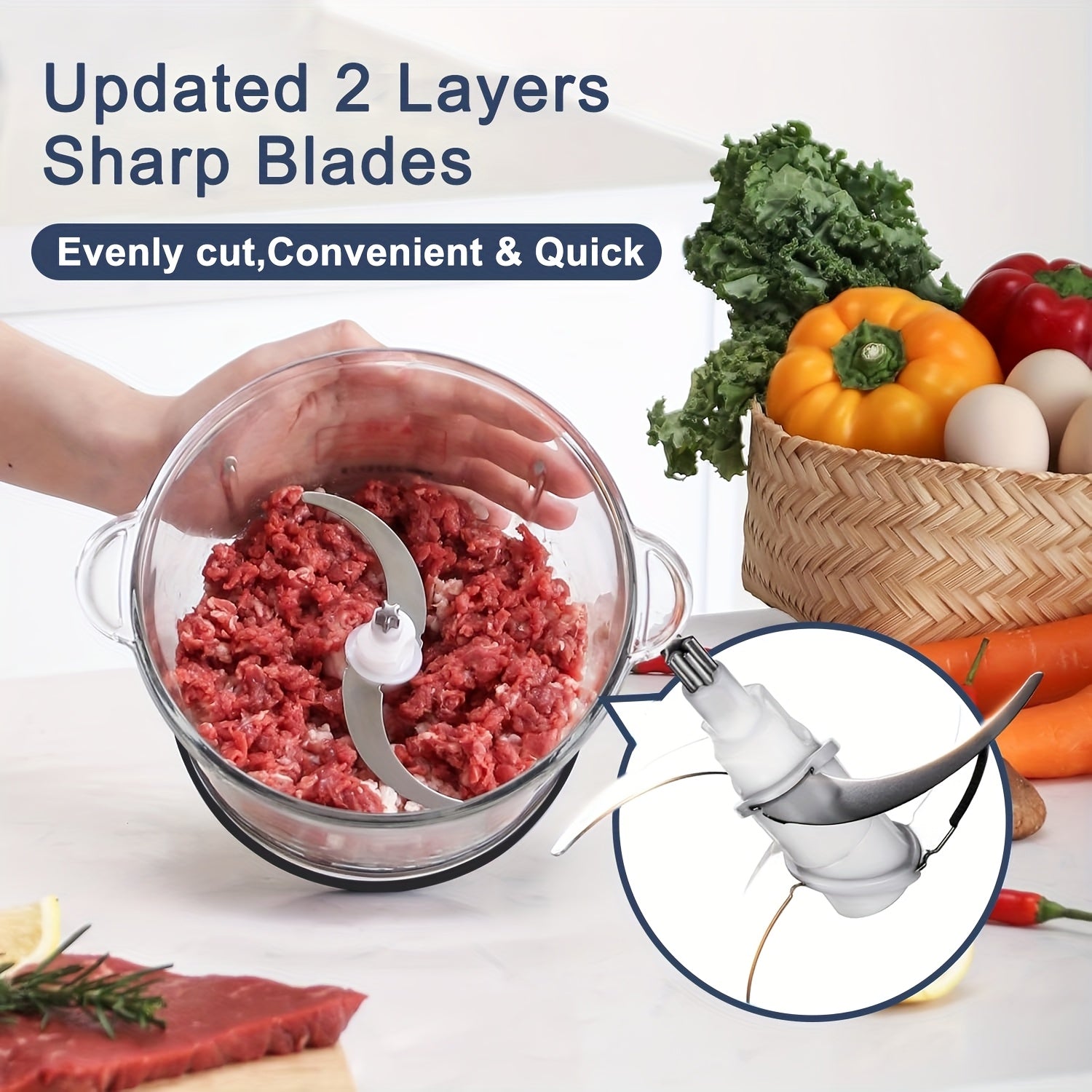 Electric Food Processor with 2 Bowls (12.5 Cup + 12.5 Cup) and 2 Blades - 101.44oz Meat Grinder, Kitchen Chopper, Electric Vegetable Cutter, Garlic Press, Masher - Helps Break Various Foods, Meat, Salad, Nuts, Salad, Home Blender