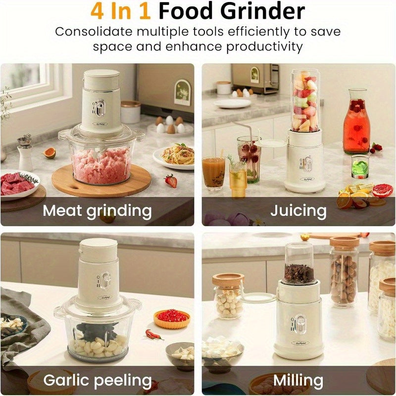 4-in-1 Electric Food Processor, Sunvivi Mini Chopper for Meat Grinding, Garlic Peeling & Juicing, 2-Speed Blender with 1.5L Glass Bowl, Includes 0.4L and 0.2L Cups