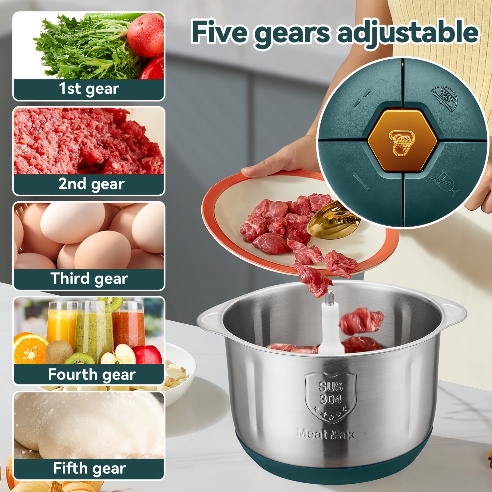 67.63oz/101.44oz/1.32gal 4-Blade/6-Blade Meat Grinder, Commercial Vegetable Chopper, Garlic Masher & Dough Mixing Machine, Electric Cookware, Food Contact Safe, 30000 RPM, US Plug, Stainless Steel Body, Multifunctional Kitchen Appliance, Food Preparation,