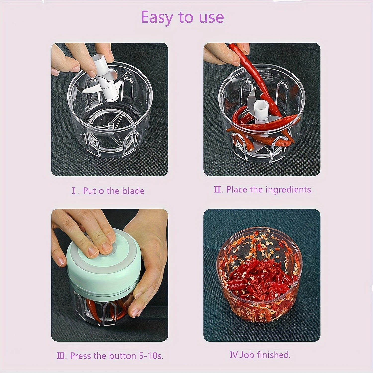 Electric Garlic Chopper with USB-Powered Operation, Compact Food Processor for Garlic, Ginger, Meat, Vegetables, Fruits - One-Touch Chopping, Easy-Clean Design, Portable Kitchen Appliance for Home & Professional Kitchens - Ideal for Meal Prep, Cooking,