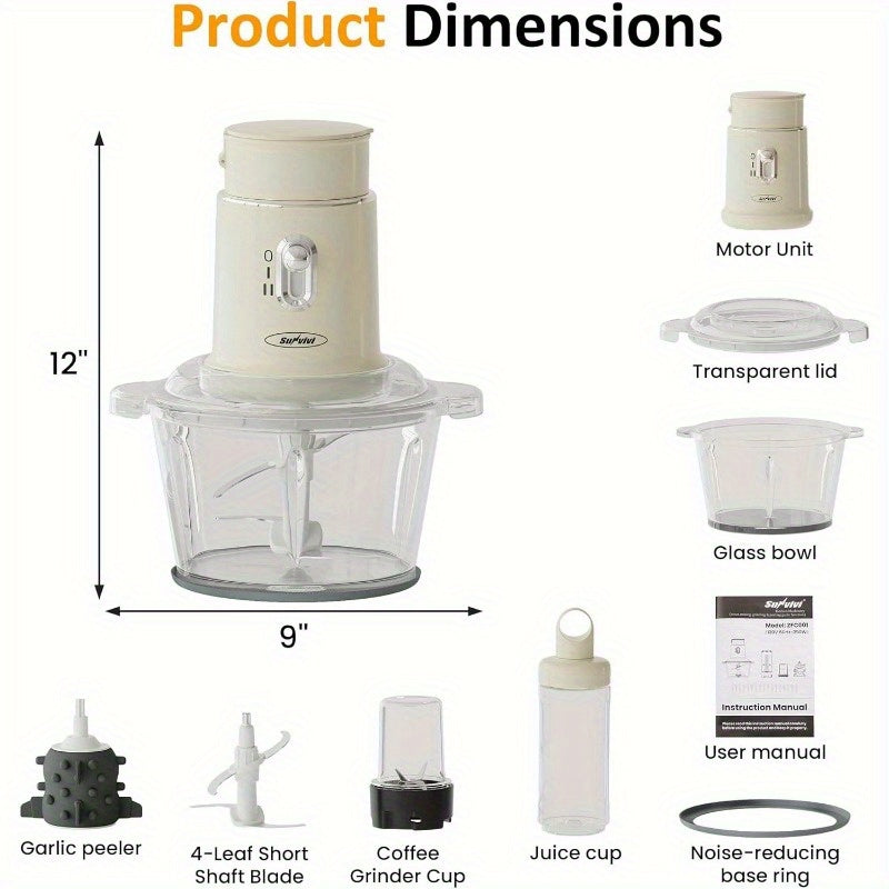 4-in-1 Electric Food Processor, Sunvivi Mini Chopper for Meat Grinding, Garlic Peeling & Juicing, 2-Speed Blender with 1.5L Glass Bowl, Includes 0.4L and 0.2L Cups