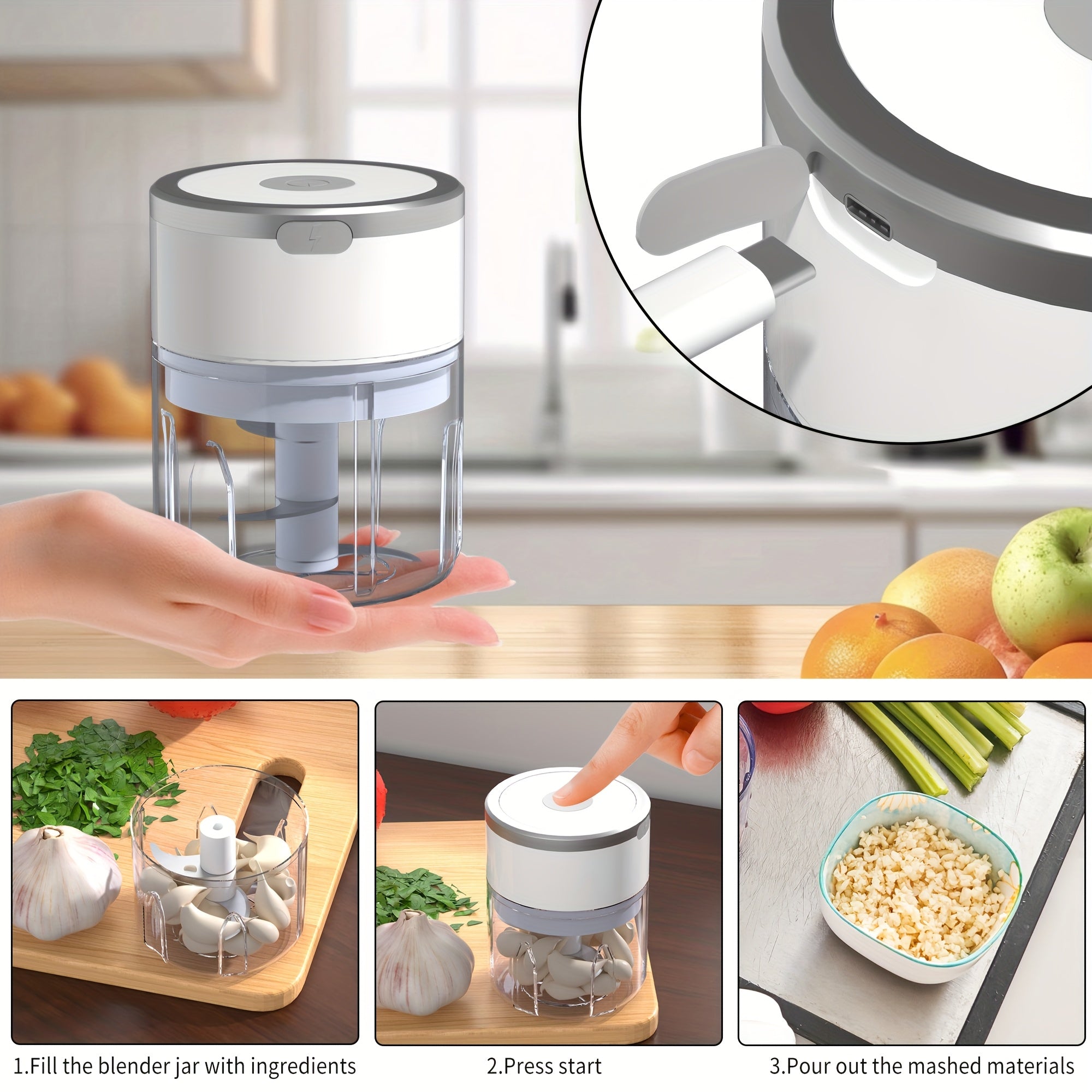 8.45oz Automatic Electric Garlic Masher & Meat Grinder - Multifunctional Kitchen Food Processor with Rechargeable Battery, Portable for Meat Grinding, Stuffing, and More, Food Preparation | Modern Kitchen Gadget | Durable Plastic Body, Garlic Press
