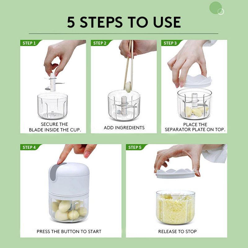 Electric Mini Garlic Chopper, Food Processor, Portable Cordless Garlic Mincer Masher, Meat Grinder with USB Charging For Vegetable, Chili, Fruits, Ginger, Baby Food, Seasoning 250ml (White)