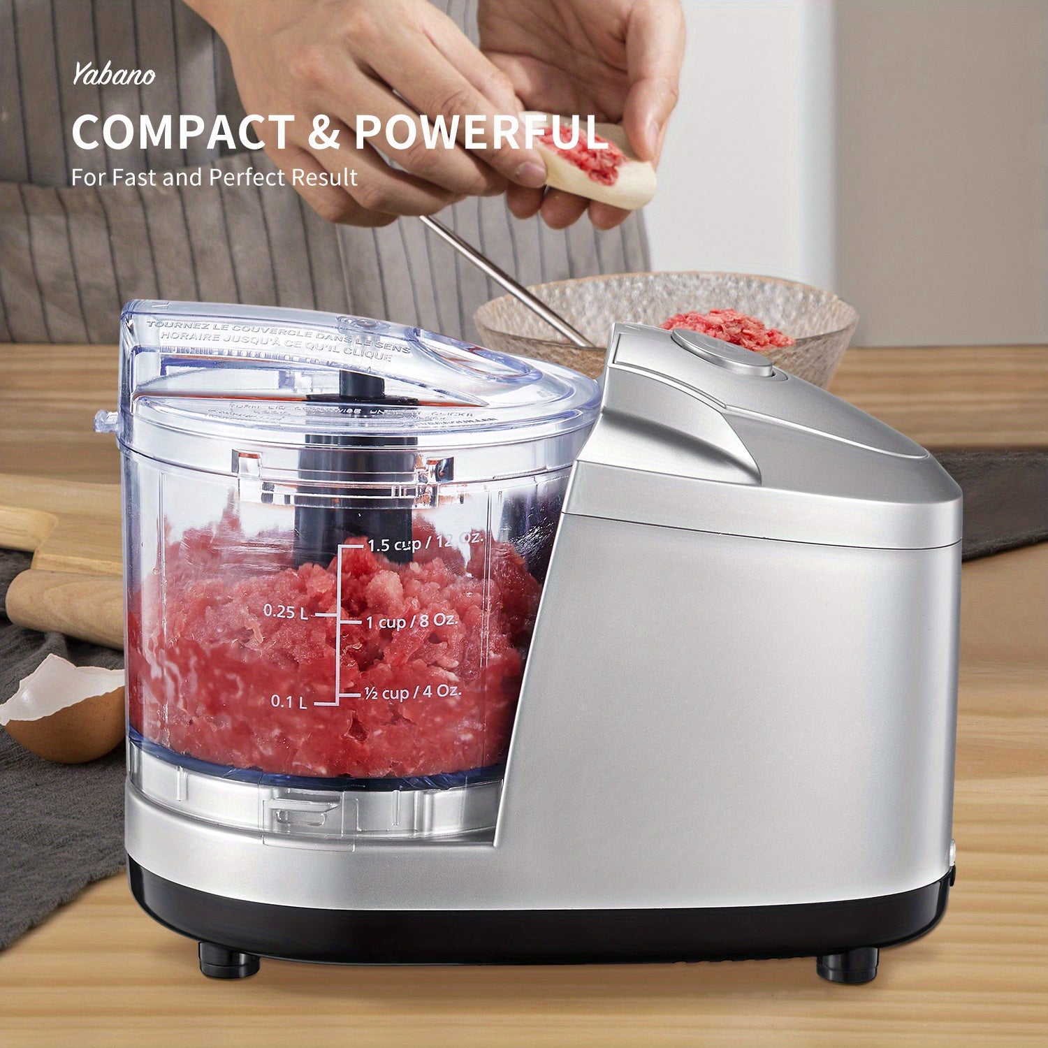 1.5-Cup Mini Electric Food Chopper, One-Touch 100W Food Processor & Meat Grinder | Mix, Chop, Mince & Blend | Easy to Clean, Stainless Steel Blade, Siver, by Yabano