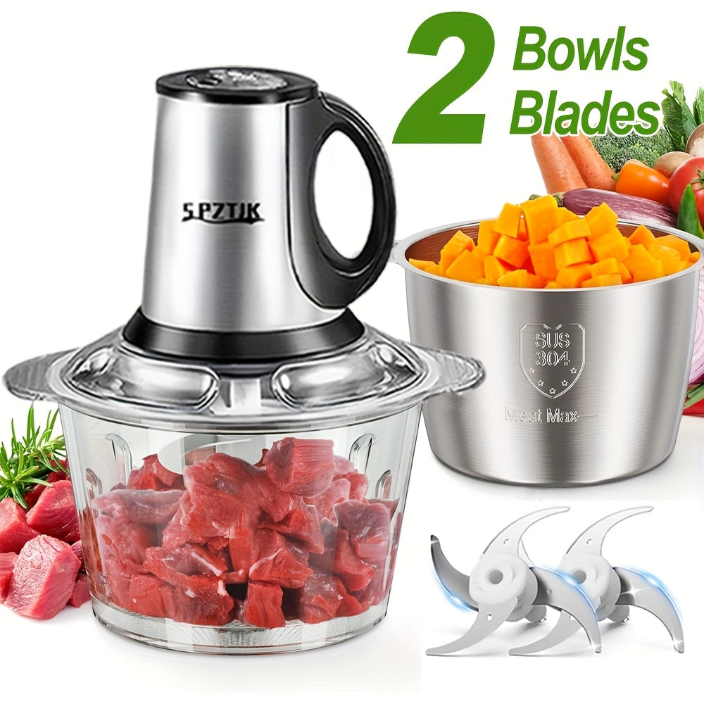 Electric Food Processor with 2 Bowls (12.5 Cup + 12.5 Cup) and 2 Blades - 101.44oz Meat Grinder, Kitchen Chopper, Electric Vegetable Cutter, Garlic Press, Masher - Helps Break Various Foods, Meat, Salad, Nuts, Salad, Home Blender