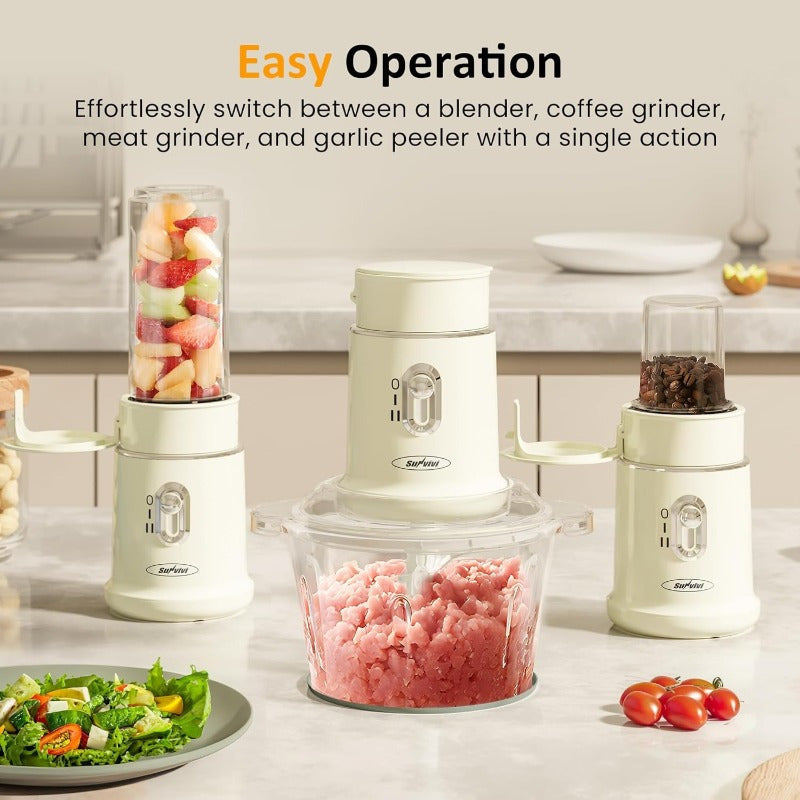4-in-1 Electric Food Processor, Sunvivi Mini Chopper for Meat Grinding, Garlic Peeling & Juicing, 2-Speed Blender with 1.5L Glass Bowl, Includes 0.4L and 0.2L Cups