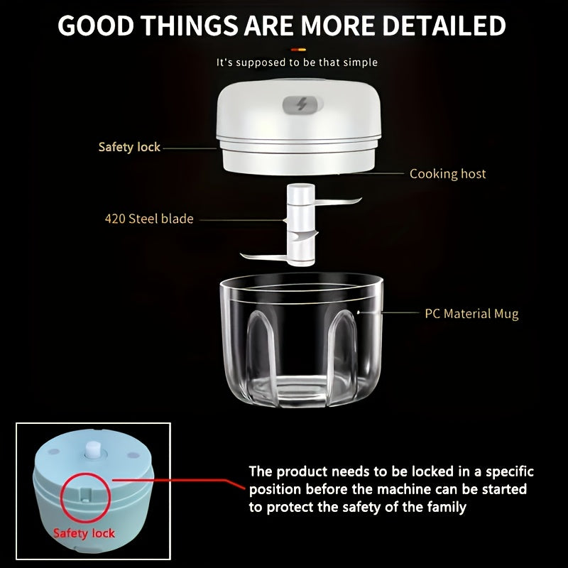 8.45oz Mini Rechargeable Garlic Chopper Meat Grinder, Durable And Sturdy, Ideal for Crushing Garlic, Peppers, Onions, Minced Meat, Nuts And More!