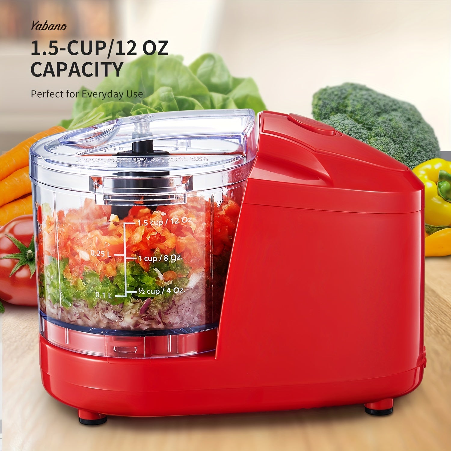 1.5-Cup Mini Electric Food Chopper, One-Touch 100W Food Processor & Meat Grinder | Mix, Chop, Mince & Blend | Easy to Clean, Stainless Steel Blade, Red, by Yabano