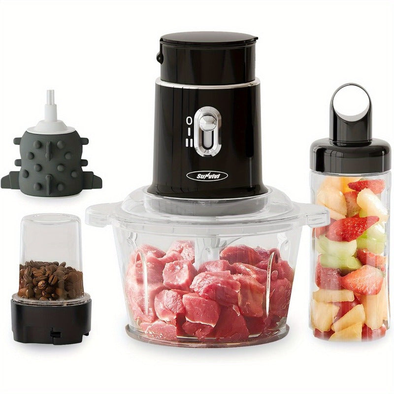 4-in-1 Electric Food Processor, Sunvivi Mini Chopper for Meat Grinding, Garlic Peeling & Juicing, 2-Speed Blender with 1.5L Glass Bowl, Includes 0.4L and 0.2L Cups