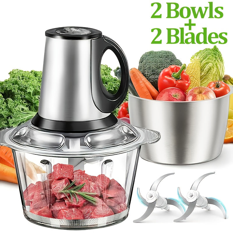 SENMEO 3-Speed Electric Meat Grinder & Food Processor with Dual Bowls & Blades - 101.45oz Stainless Steel, 110V, US Plug, Multifunctional Kitchen Tool for Chopping Veggies, Nuts, Onions, Grinding Meat, Salads, Garlic Press, Mashing & Dough, Meat Grinder