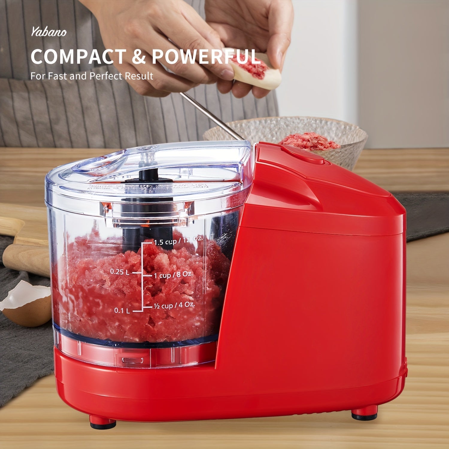 1.5-Cup Mini Electric Food Chopper, One-Touch 100W Food Processor & Meat Grinder | Mix, Chop, Mince & Blend | Easy to Clean, Stainless Steel Blade, Red, by Yabano