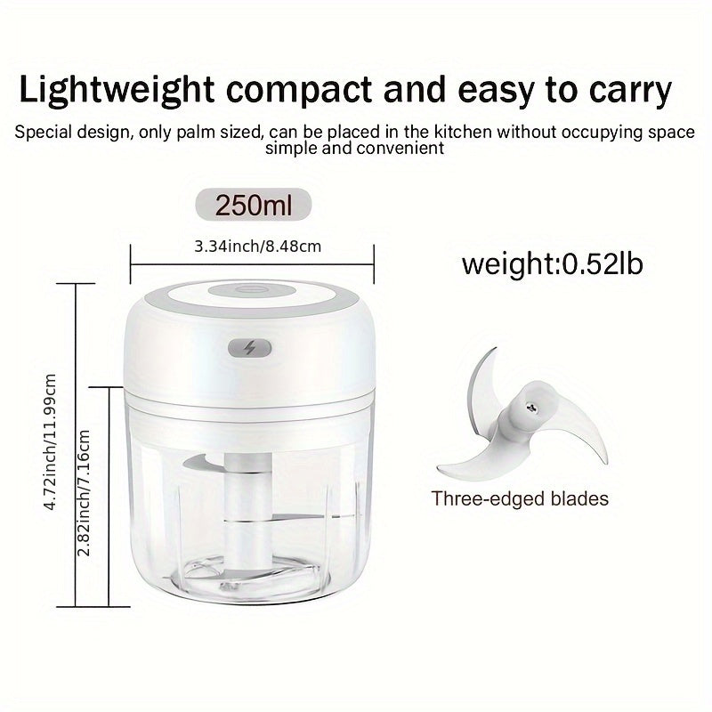 8.45Oz/250Ml Electric Garlic Chopper 1Cup, Mini USB Charging Wireless Food Processor with 304 Stainless Steel, 3 Sharp Blades, Portable Kitchen Meat Grinder for Onion, Garlic, Ginger, Chili Father Gift