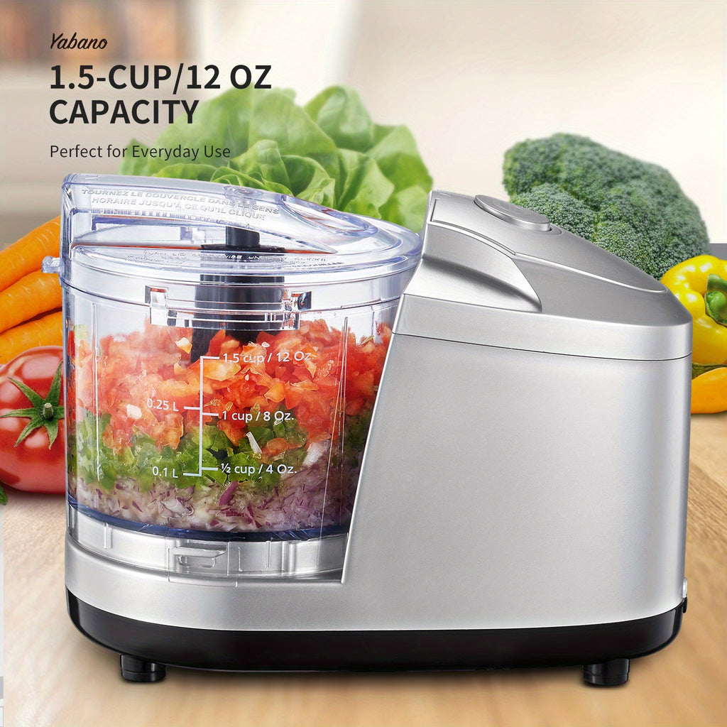 1.5-Cup Mini Electric Food Chopper, One-Touch 100W Food Processor & Meat Grinder | Mix, Chop, Mince & Blend | Easy to Clean, Stainless Steel Blade, Siver, by Yabano