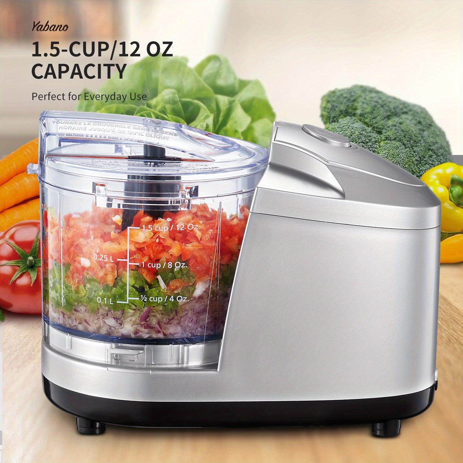 1.5-Cup Mini Electric Food Chopper, One-Touch 100W Food Processor & Meat Grinder | Mix, Chop, Mince & Blend | Easy to Clean, Stainless Steel Blade, Siver, by Yabano
