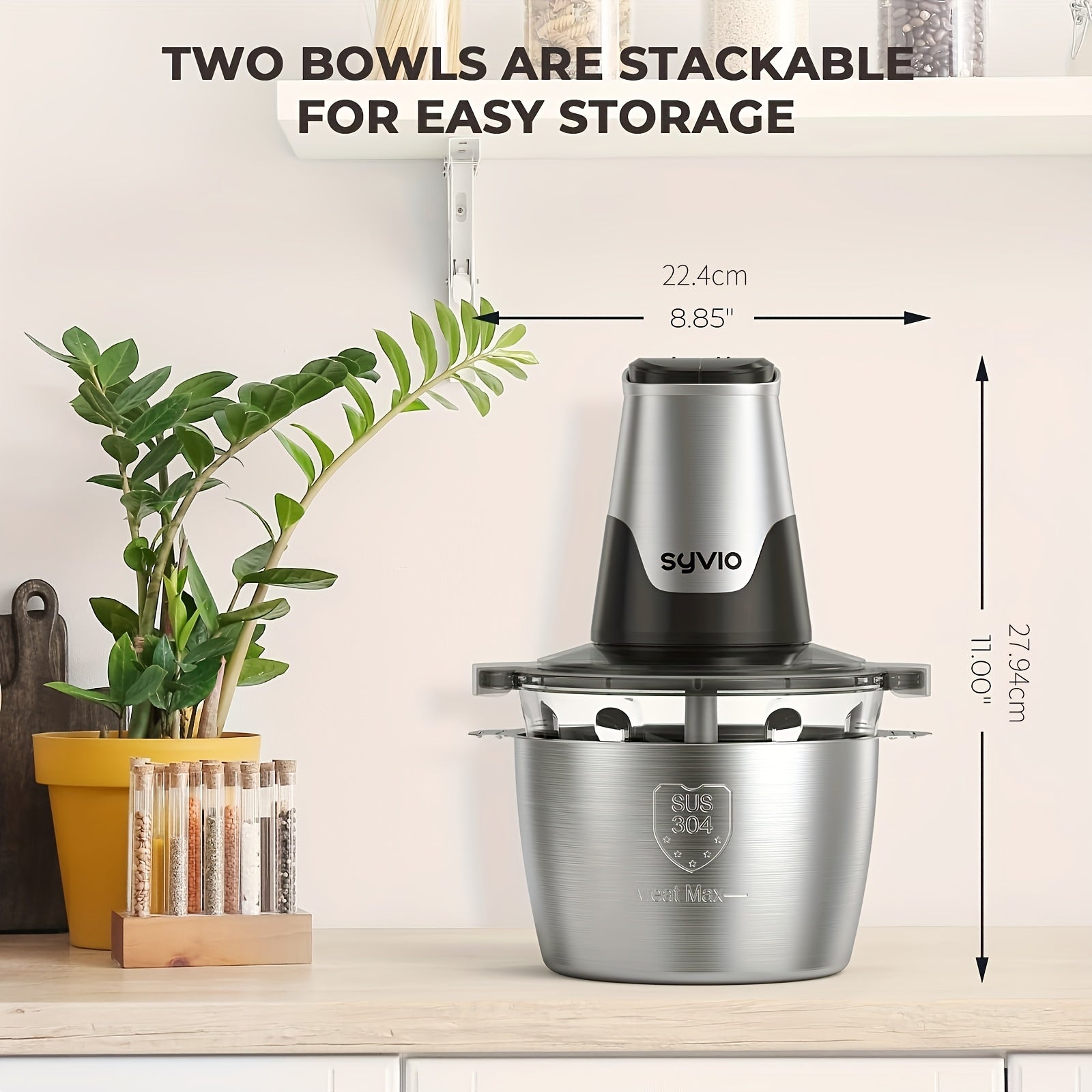Syvio Food Processors with 2 Bowls, Meat Grinder 4 Bi-Level Blades, Mini Electric Food Chopper 450W, for Baby Food, Meat, Onion, Vegetable Chopper, 2 Speed, 8 Cup And 8 Cup, Christmas Gifts