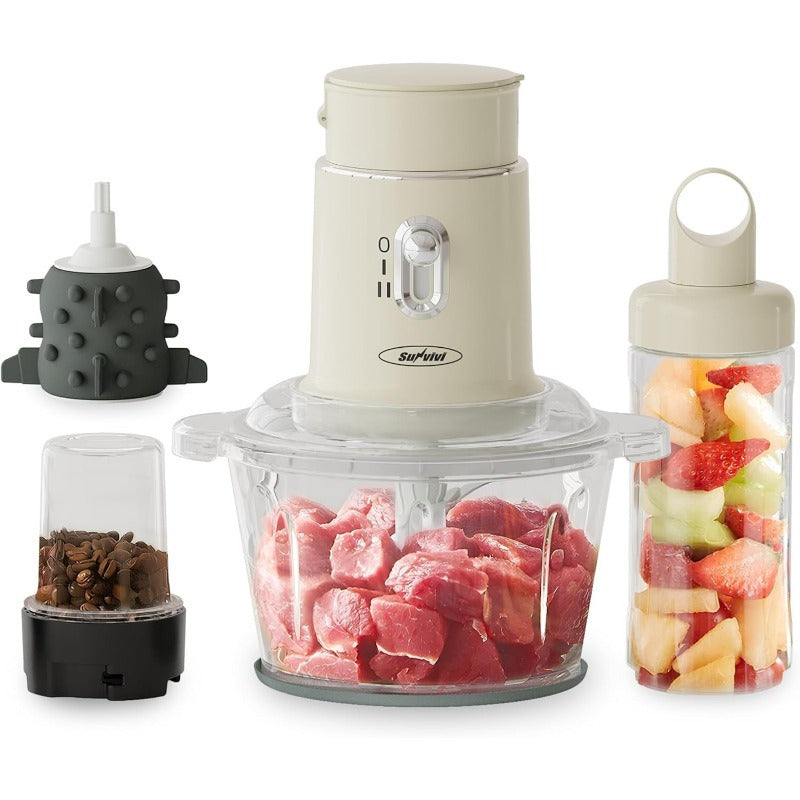 4-in-1 Electric Food Processor, Sunvivi Mini Chopper for Meat Grinding, Garlic Peeling & Juicing, 2-Speed Blender with 1.5L Glass Bowl, Includes 0.4L and 0.2L Cups