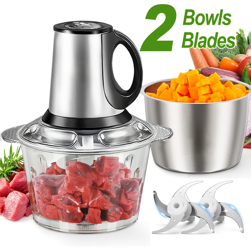 SENMEO 3-Speed Electric Meat Grinder & Food Processor with Dual Bowls & Blades - 101.45oz Stainless Steel, 110V, US Plug, Multifunctional Kitchen Tool for Chopping Veggies, Nuts, Onions, Grinding Meat, Salads, Garlic Press, Mashing & Dough, Meat Grinder