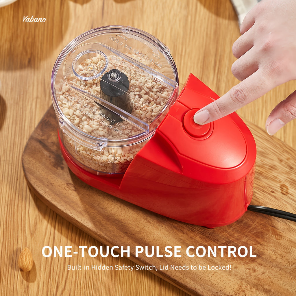 1.5-Cup Mini Electric Food Chopper, One-Touch 100W Food Processor & Meat Grinder | Mix, Chop, Mince & Blend | Easy to Clean, Stainless Steel Blade, Red, by Yabano