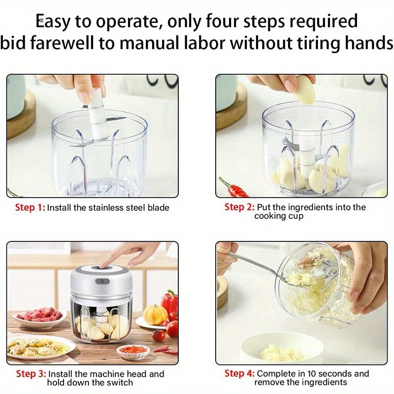 8.45Oz/250Ml Electric Garlic Chopper 1Cup, Mini USB Charging Wireless Food Processor with 304 Stainless Steel, 3 Sharp Blades, Portable Kitchen Meat Grinder for Onion, Garlic, Ginger, Chili Father Gift