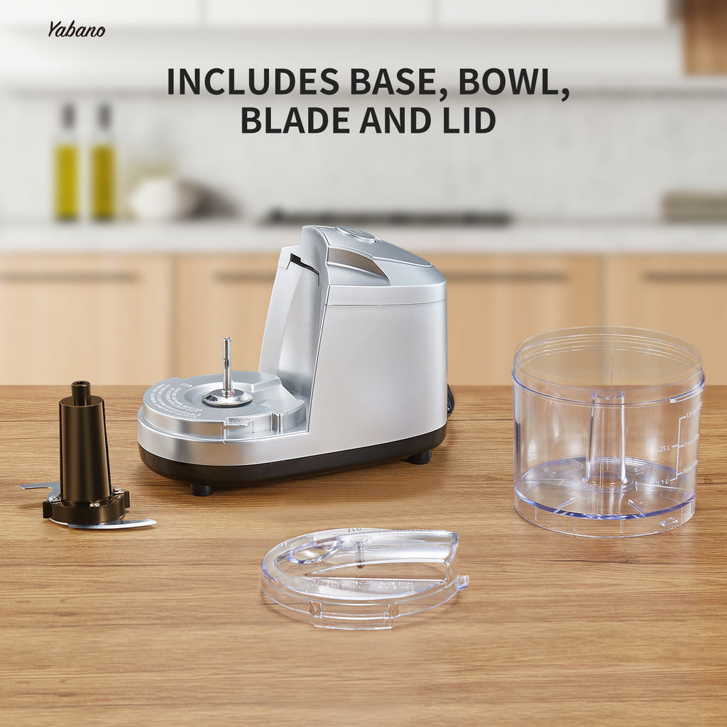 1.5-Cup Mini Electric Food Chopper, One-Touch 100W Food Processor & Meat Grinder | Mix, Chop, Mince & Blend | Easy to Clean, Stainless Steel Blade, Siver, by Yabano