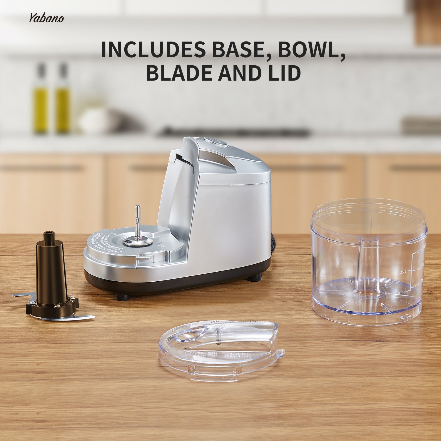 1.5-Cup Mini Electric Food Chopper, One-Touch 100W Food Processor & Meat Grinder | Mix, Chop, Mince & Blend | Easy to Clean, Stainless Steel Blade, Siver, by Yabano