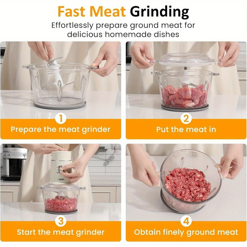 4-in-1 Electric Food Processor, Sunvivi Mini Chopper for Meat Grinding, Garlic Peeling & Juicing, 2-Speed Blender with 1.5L Glass Bowl, Includes 0.4L and 0.2L Cups
